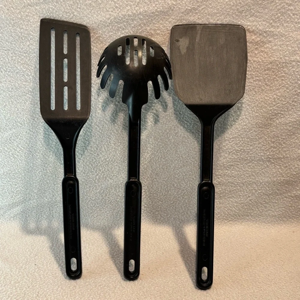 USA Made 3piece Utensils Pasta Spoon Slotted Spatula Turner Flipper Plastic Blck